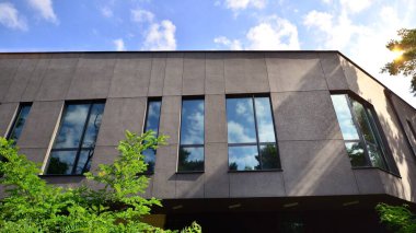 A modern office building among the trees in calm green neighborhood.