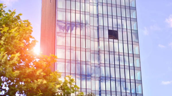 Modern glass facade against blue sky. Bottom view of a  building in the business district. Low angle view of the glass facade of an office building.