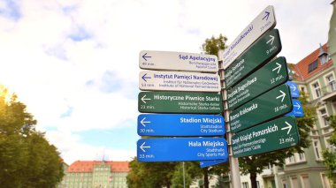 Szczecin, Poland. 29 August 2022  Sign pointing to different sights and tourist attractions in Szczecin. Travel information signpost for Szczecin visitors.