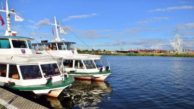 Szczecin, Poland. August 30, 2022. Ships at Chrobry Boulevard.