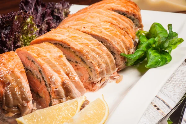 Salmon stuffed with cheese and mushrooms — Stock Photo, Image