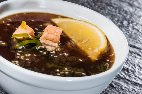 Japanese soup with salmon and omelet — Stock Photo, Image