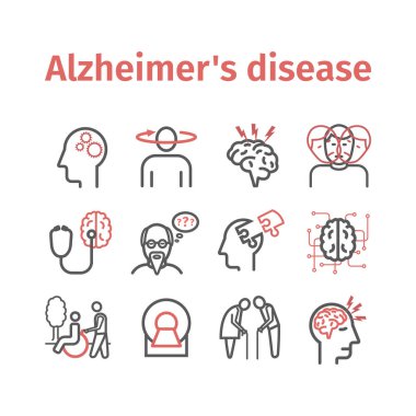 Alzheimer hastalığı ve bunama. Semptomlar, tedavi. Satır simgeleri ayarlandı. Web grafikleri için vektör işaretleri.