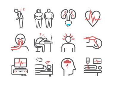 Uyu Apnea. Semptomlar, tedavi. Satır simgeleri. Web grafikleri için vektör işaretleri