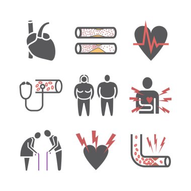 Atherosclerosis. Symptoms. Flat icons set. Vector signs for web graphics clipart