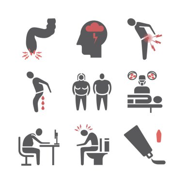 Hemoroit ikonu Infographics. Semptomlar, tedavi. Web grafikleri için vektör işaretleri.