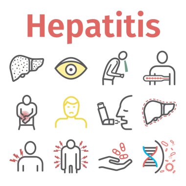 Hepatit çizgi simgesi Infographics. Semptomlar, tedavi. Web grafikleri için vektör işaretleri.