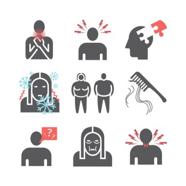 Hyperthyroidism. Symptoms. Flat icons set. Vector signs for web graphics