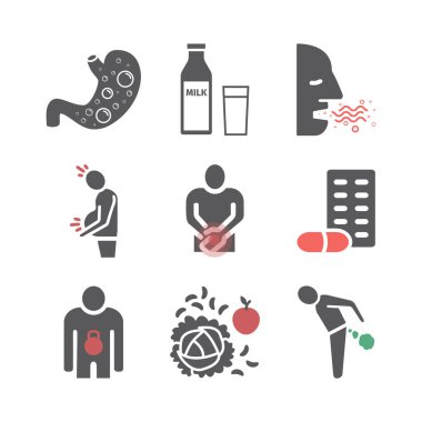Flatulence. Symptoms, Treatment. Flat icons set. Vector signs for web graphics