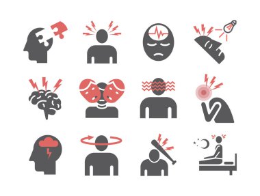 Migraines Infographics. Migraine symptoms. Headache flat icons. Vector set