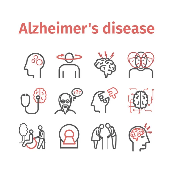 Alzheimer hastalığı ve bunama. Semptomlar, tedavi. Satır simgeleri ayarlandı. Web grafikleri için vektör işaretleri.