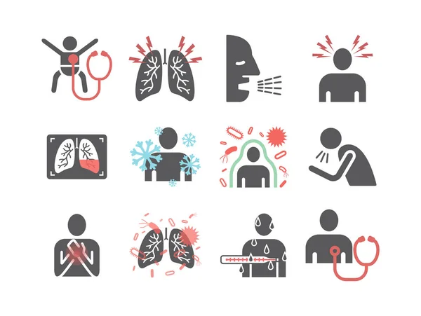 肺炎症状 平面图标设置 用于网络图形学的矢量符号 — 图库矢量图片