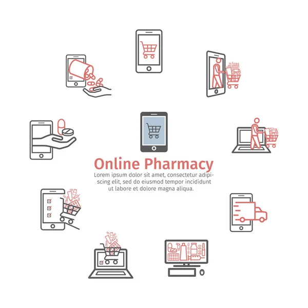 Pharmacy Online Line Icon Ordering Drugs Vector Signs Web Graphics — Stockvector