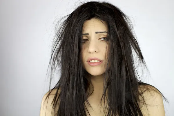 Mulher desesperada sobre dia de cabelo muito ruim — Fotografia de Stock