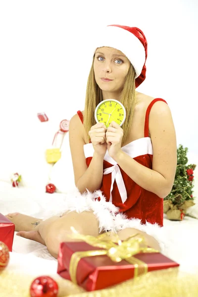 Beautiful female Santa Claus late for Christmas — Stock Photo, Image