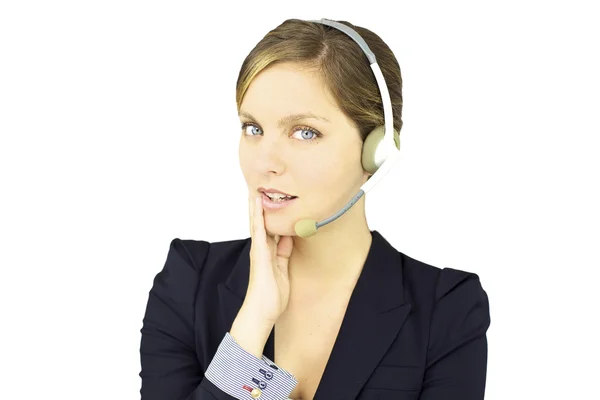 Smiling business woman talking with headset — Stock Photo, Image