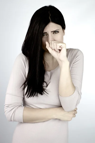 Woman feeling sick coughing and holding mouth and stomach — Stock Photo, Image