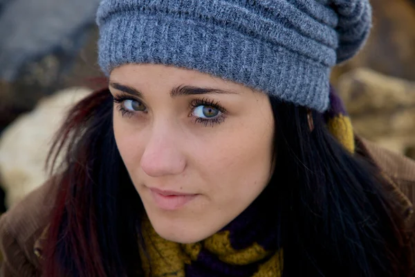 Young woman closeup feeling sad with hat — Stock Photo, Image