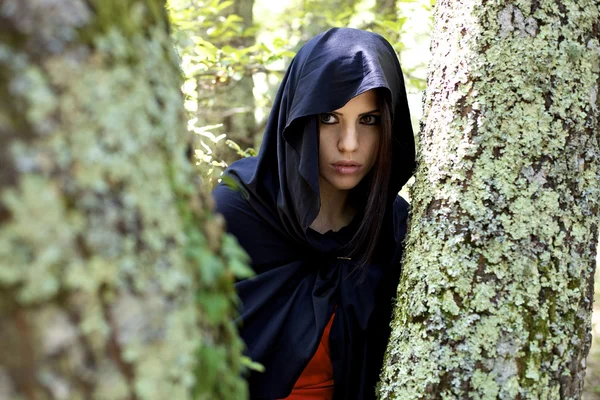 Donna con cappuccio nella foresta di fantasia — Foto Stock