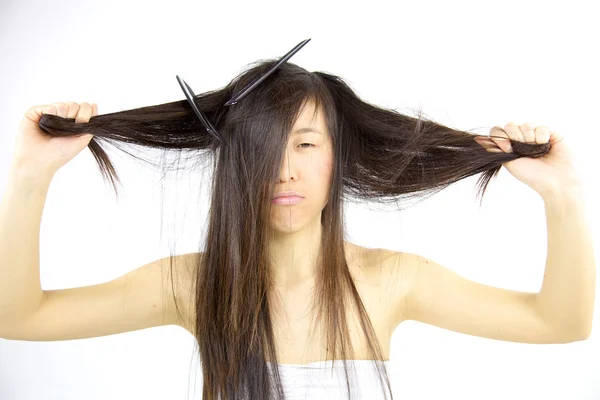 Triste bagunçado asiático cabelo — Fotografia de Stock