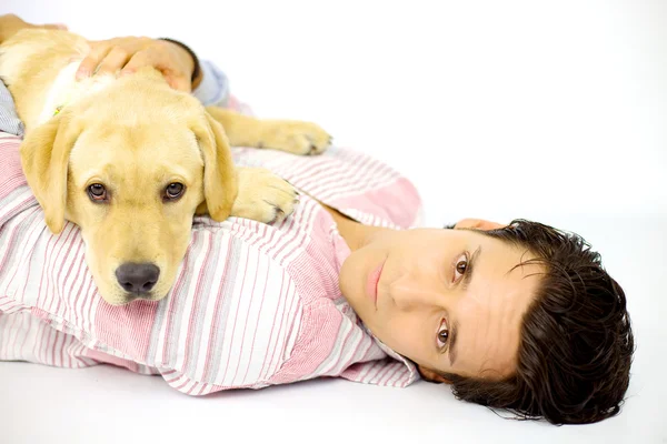 Man and labrador looking serious — Stock Photo, Image