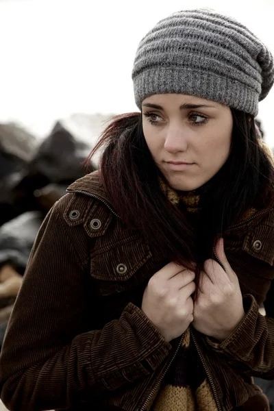 Unhappy woman feeling cold and lonely — Stock Photo, Image