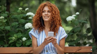 Memnun kızıl saçlı kadın kulaklıkla müzik dinliyor ve parkta akıllı telefon kullanıyor. 