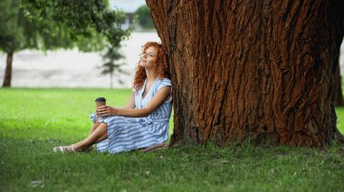 full length of pleased redhead woman in dress sitting under tree trunk and holding paper cup  clipart
