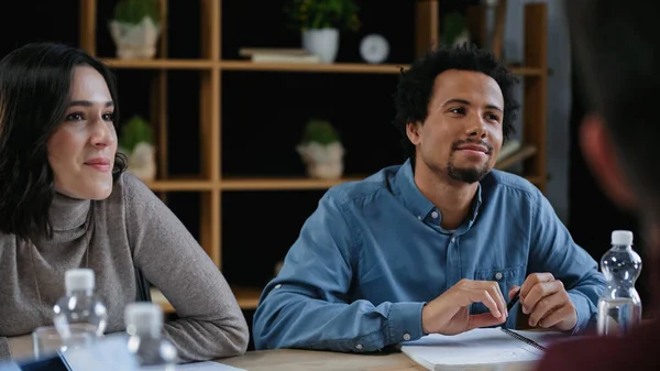 Young Interracial Business Colleagues Smiling Meeting Blurred Foreground — Stock Photo, Image