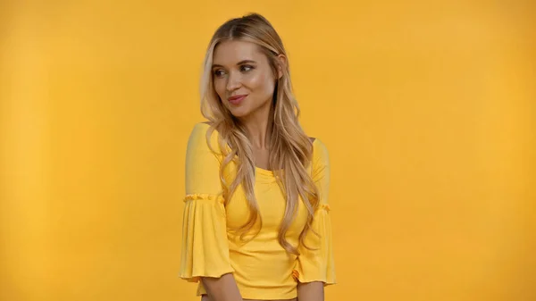 Positive Blonde Woman Blouse Looking Away Isolated Yellow — Stock Photo, Image