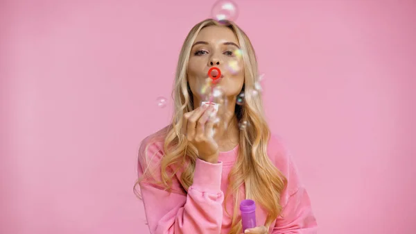 Blonde Woman Blowing Soap Bubbles Isolated Pink — Stock Photo, Image