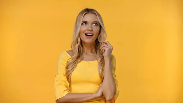 Excited Blonde Woman Blouse Looking Isolated Yellow — Stock Photo, Image