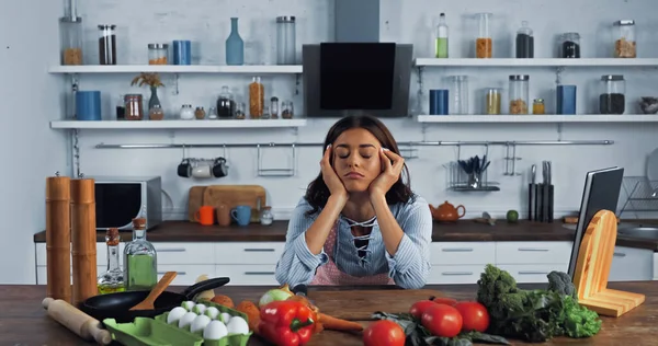 Tired Woman Closed Eyes Raw Ingredients Cooking Utensils Kitchen — Foto de Stock