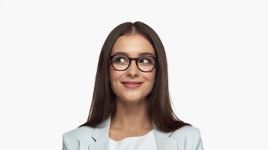 successful businesswoman in grey blazer and eyeglasses smiling isolated on white