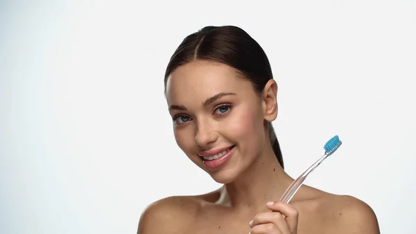Happy Young Woman Smiling While Holding Toothbrush Isolated White — ストック写真