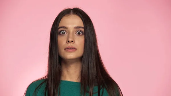 Shocked Brunette Woman Green Blouse Looking Camera Isolated Pink — Stock Fotó