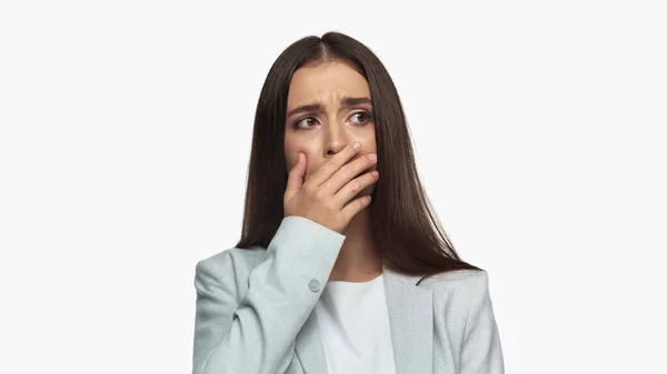 Upset Businesswoman Grey Blazer Covering Mouth Isolated White — Foto de Stock