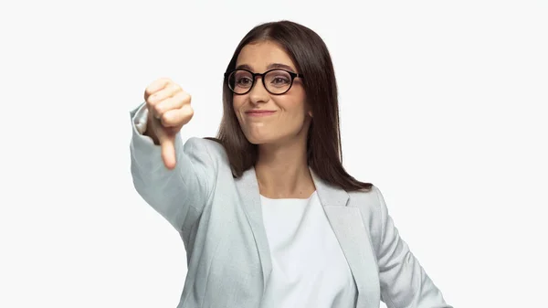 Displeased Businesswoman Grey Blazer Eyeglasses Showing Thumb Isolated White — Zdjęcie stockowe