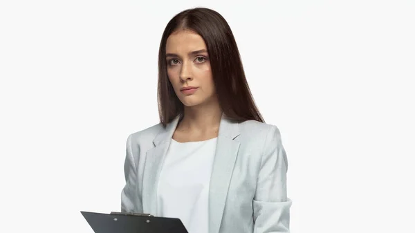Successful Businesswoman Grey Blazer Holding Clipboard Isolated White — Stockfoto