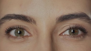 close up view of woman with hazel eyes and mascara on eyelashes looking at camera 