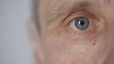 cropped view of middle aged man with blue eye looking at camera isolated on grey 