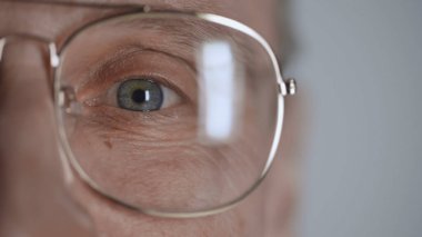 cropped view of mature man with blue eye and eyeglasses looking at camera isolated on grey 
