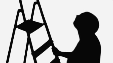 silhouette of handyman near shadow of ladder isolated on white