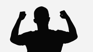 black shadow of man showing win gesture isolated on white clipart