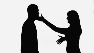 shadow of woman slapping to man during family conflict isolated on white clipart