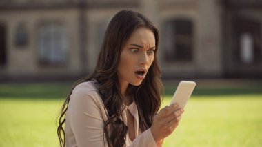 Shocked young woman looking at mobile phone in park 