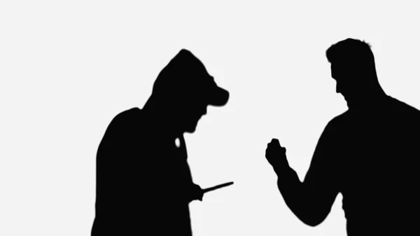 Silhouette Man Fighting Robber Holding Knife Isolated White — 图库照片