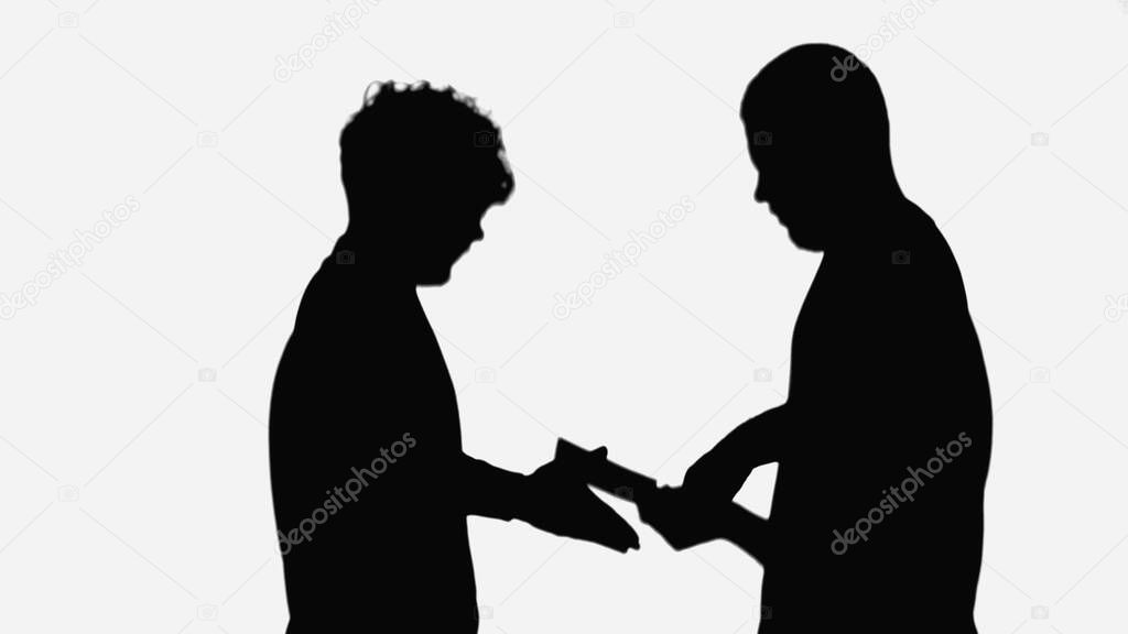 silhouette of man taking money from employer isolated on white