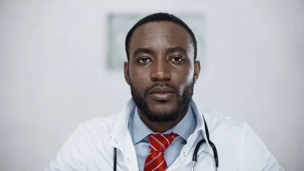 Barbu afro-américain médecin en manteau blanc en clinique — Photo de stock