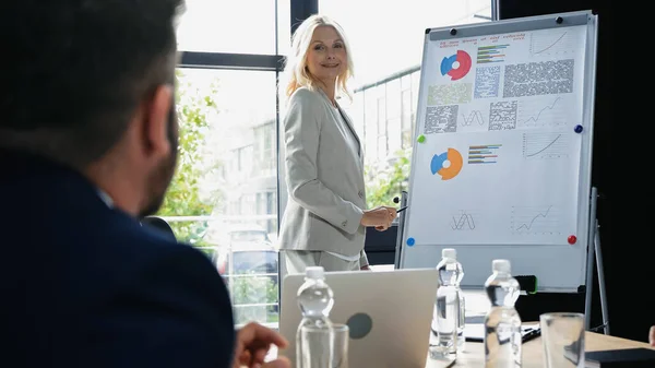 Blonde middle aged businesswoman standing near flipchart with graphs and smiling to blurred colleague — Stock Photo